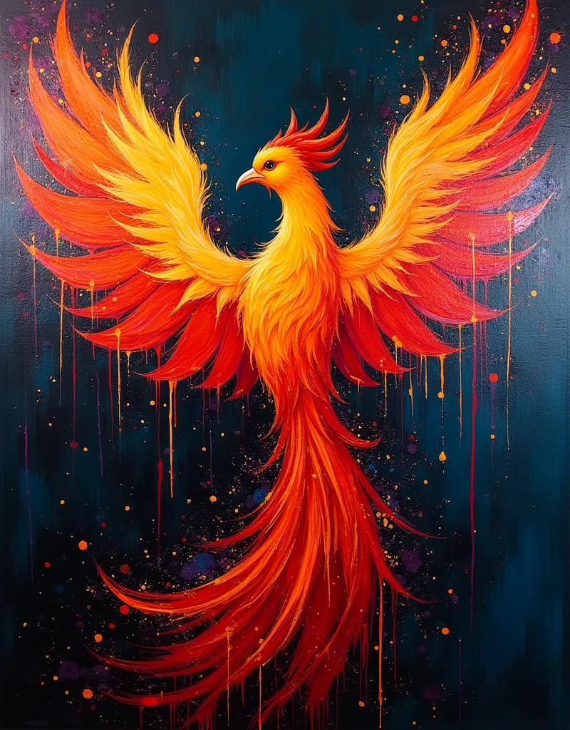Phoenix in the style of the Pollock splatter, fiery colors splashed and dripped across a dark canvas, expressing untamed energy.