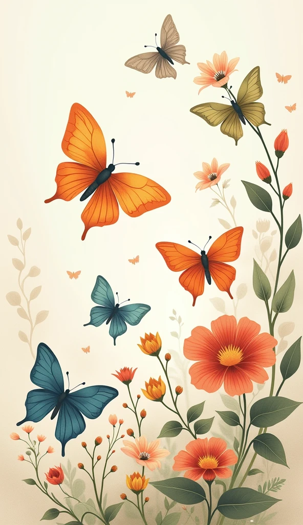 Illustrate a nature-inspired t-shirt design with butterflies and floral motifs on soft and earthy ban block paper. with light color background for t-shirt design