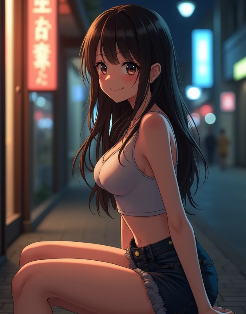((Top Quality, 8K, Masterpiece, :1.3)), 1 Person, Smiling, Full Body Esvian, Slim Face, Pretty Japanese Woman, (Dark Brown Hair), Bondage :1.1, Highly Detailed Face, Detailed Eyes, Double Eyelids, Blurred Background, Night Scene, Exterior, Street, Sitting, Full Body, Full Body, Big Breasts, (Big Breasts), (Show Full Body), (Summer Clothes)