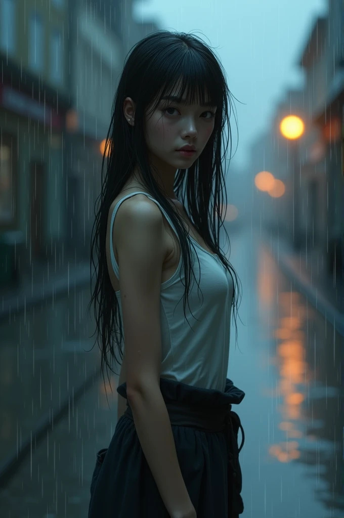 a Japanese woman, wet black dress, photo art, standing in the street, wet cloths, wet shoes, deep shadow,(best quality, masterpiece), pale skin, dimly lit, shade, flustered, blush, highly detailed, skinny, BREAK depth of field, film grain, wrinkled skin, not looking at viewer, knee, warm smile, (upper body), masterpiece,ultra realistic
