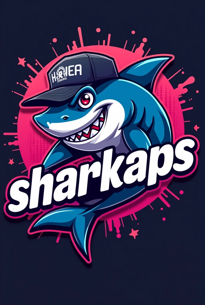 Gaming style logo of a happy shark with a New Era cap, say sharkaps