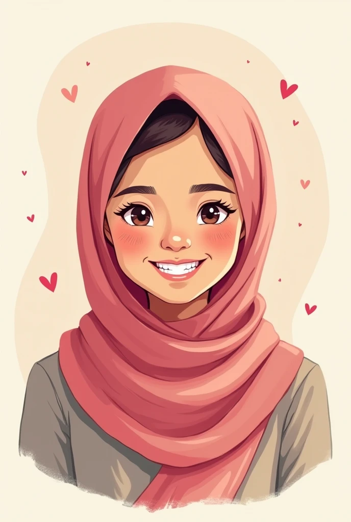 as 2d flat style illustrator or cartoonist using pastel colors, make an illustration of hijabi indonesian high school girl smiling with healthy teeth