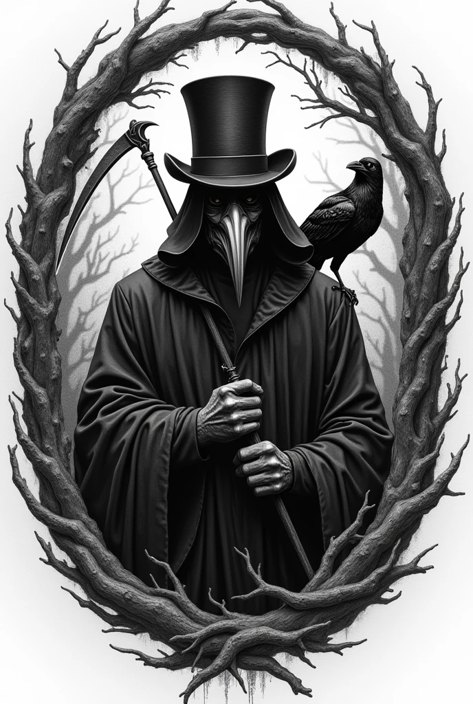 The image shows a black and white drawing of a plague doctor wearing the classic bird beak-shaped mask., that covers most of his face. He is wearing a top hat and there is a raven perched on his left shoulder.. The background is a circle with tangled tree branches, and behind the doctor's head a scythe protrudes, adding a macabre touch to the whole. The drawing style is detailed, with fine lines that create a dark, shadowy look. This is for a brand logo