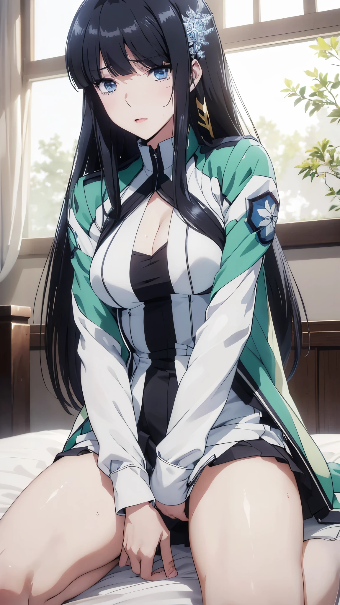 1 personの, alone, masterpiece, Highest quality, The Irregular at Magic High School, Miyuki Shiba, Shiba Miyuki, iris, blue eyes, tsurime, eyelash, Black Hair, Long Hair, Hime cut, Straight hair, Blunt bangs, blunt end, Side Lock, hair ornaments, snowflake hair ornaments,High School Uniform, green jacket, cropped jacket, open jacket, Long sleeve, Large Breasts, (masterpiece: 1.3), (Maximum resolution: 1.2), (Ultra High Definition TV: 1.2), Cinematic Light, 8k resolution, Detailed facial features , (Sharp focus: 1.2), (Focus on the face:1.2),Perfect Style, Beautiful Face, Acura, Anatomically correct, Highly detailed face and skin texture, Beautiful Eyes,Beautiful Eyes, Thin eyebrows, Natural Cheeks, Glowing Skin, Fair skin: 1.2, (Glossy Lips: 1.4),、 (Embarrassed look: 1.2),Highly detailed face and skin texture, Natural Cheeks, , Glossy Lips: 1.4,Perfect Style、Cleavage、Soft Breasts、(Semen on chest:1.6)(Cum on thighs 1.5)、 Sperm on tongue、Drenched in sweat、Wet clothes、blush、A humiliating look、Anxious expression、Frightened expression、Embarrassed look、Glare、anger、sorrow、tears、(Open your knees:1.5)、(Spread your legs:1.5)、 White underwear、Disheveled clothes、sweating、Thin underwear、1、 clear, A clean-cut woman,1 person、 Upward-facing chest, Black Hair、blue eyes、Beautiful Eyes、Torn clothing、(masturbation behavior:2.0)、At the bed、(On my back、At the bedLying down、Lying down、White sheets:1.7)、avert your eyes、Straight Long Hair