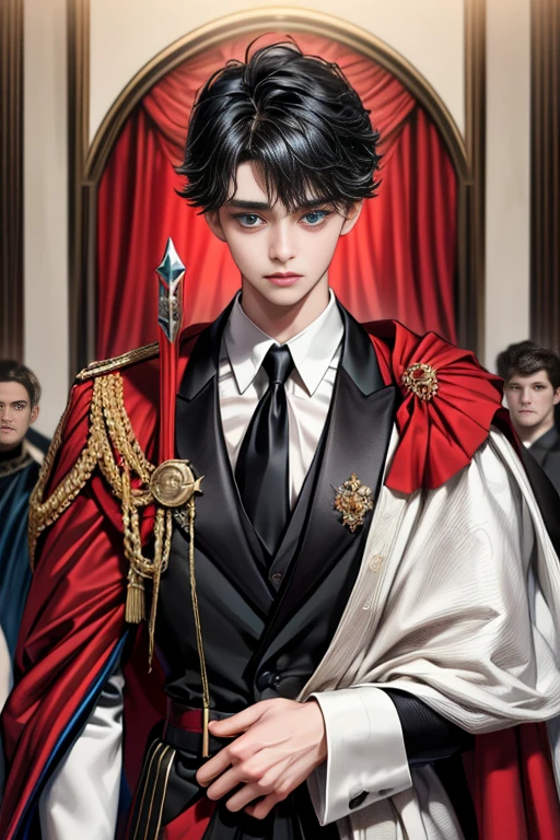 masterpiece, 最high quality, high quality, 1 boy, alone, Male focus, Upper Body,Watching the audience, Messy black hair, Adorable big blue eyes, White, Noble, Noble,A black and red cape that is bursting with sexy volume、Tuxedo、A very voluminous, large, very large, very large, long, long red and black cape with a high stand-up collar, made of a lot of fabric that reaches down to the floor., ,cute beautiful,Cute, cute, kind, handsome guy