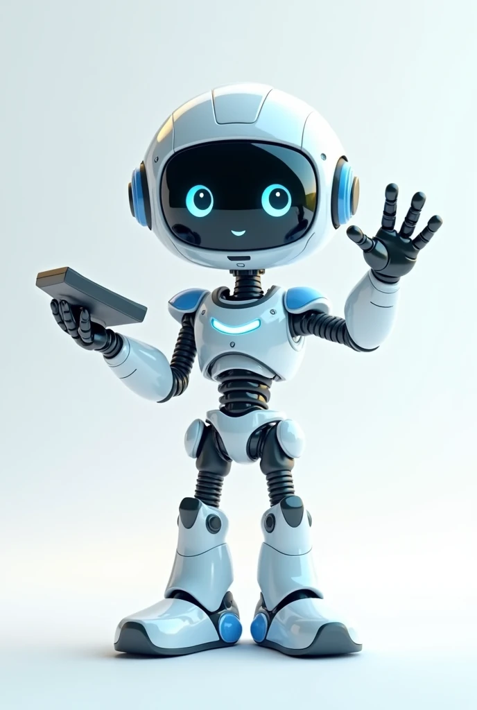 A friendly, cute 3D robot character with a white and blue color scheme, holding a keyboard in one hand and making a welcoming gesture with the other, standing in front of a white background, highly detailed, photorealistic, 8K, award-winning illustration, concept art, beautiful lighting, soft shadows, gleaming metallic surface, warm color tones, dynamic pose, inviting expression, intricate mechanical design, cinematic perspective, seamless integration of technology and organic forms