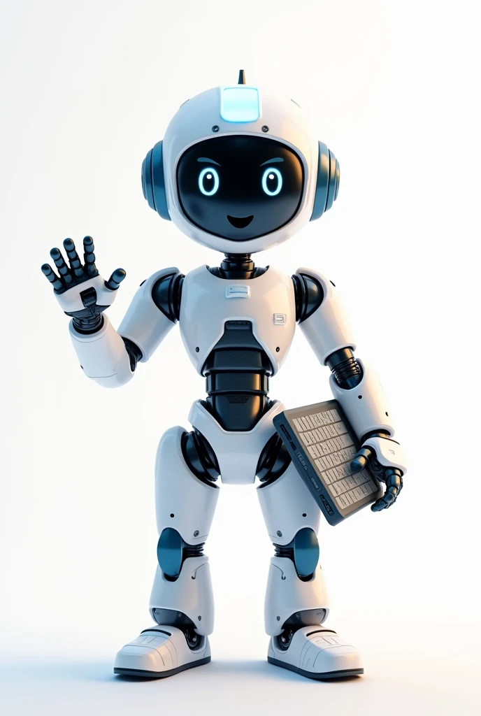 A friendly, cute 3D robot character with a white and blue color scheme, holding a keyboard in one hand and making a welcoming gesture with the other, standing in front of a white background, highly detailed, photorealistic, 8K, award-winning illustration, concept art, beautiful lighting, soft shadows, gleaming metallic surface, warm color tones, dynamic pose, inviting expression, intricate mechanical design, cinematic perspective, seamless integration of technology and organic forms