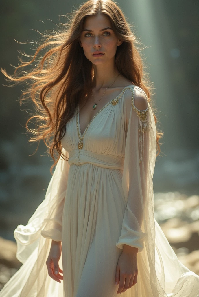 A woman with brown hair and wearing white clothes like something from a myth.、Facing forward with eyes open