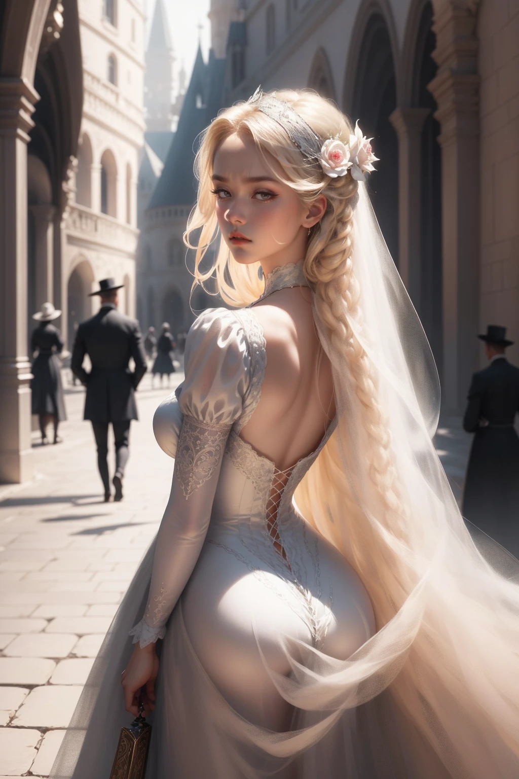 (Masterpiece - Ultra-detailed, very high resolution) Prepare to be enchanted by a true masterpiece that combines ultra-detailed art with high-resolution rendering. This work depicts a mesmerizing woman with very long blond hair (1.3) and captivating gray eyes (1.2), emanating an aura of elegance and mystery in Victorian settings. The intricate details and realistic textures invite you to explore every aspect of this enchanting composition. Woman wearing beautiful classic Victorian costume from the year 1878. Red lips. Happy face. Smiling. white (white) dress. Walking, backwads, looking back, upper body, dynamic poses. Get ready to dive into a world where beauty and craftsmanship merge perfectly.