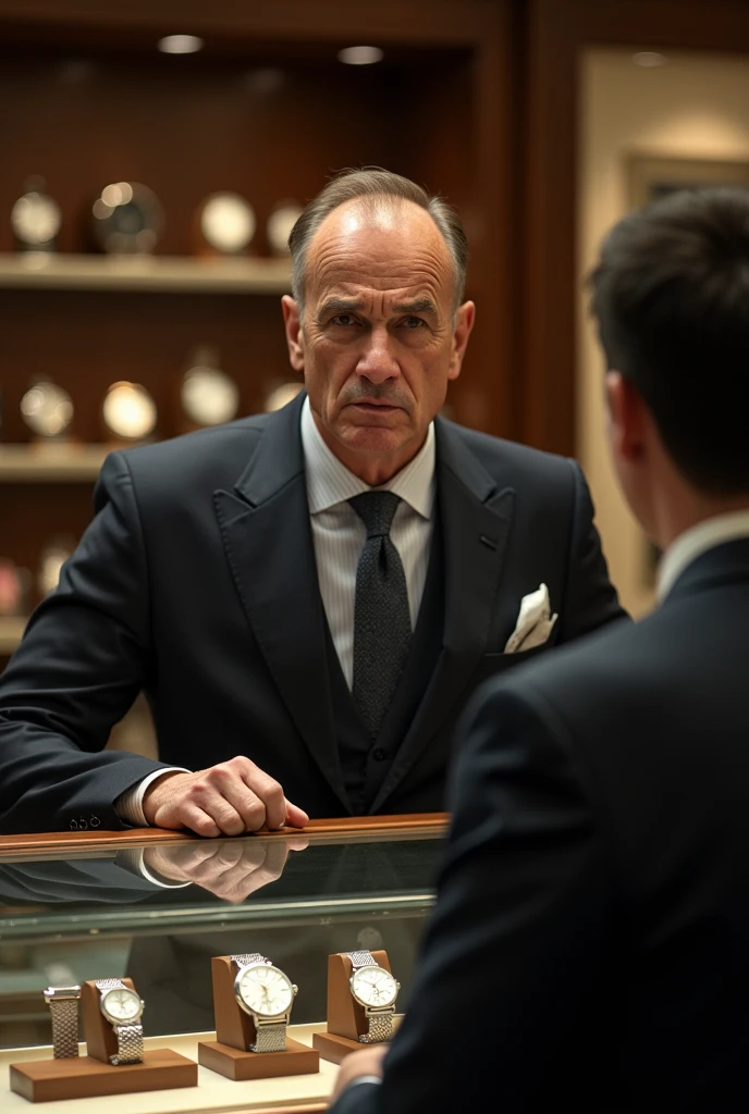 elegant man selling watches grumpy with customer