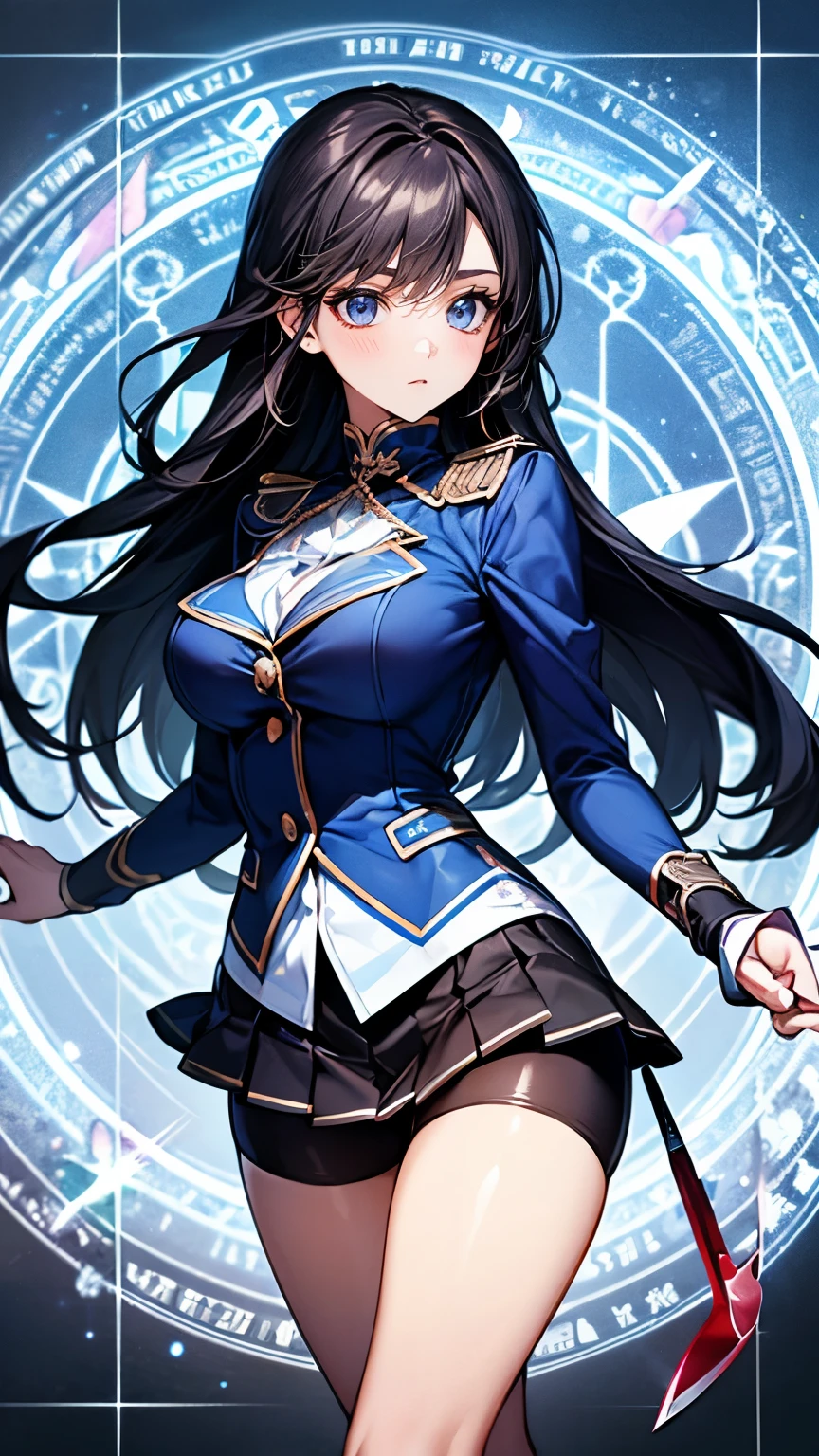 (Very delicate and beautiful:1.2)super model,,Beautiful breasts,voluptuous,【bike shorts】,,【3girls】,,Highest quality, High resolution, 8k,mini skirt,uniform,knife,Blue Flame.magic circle.