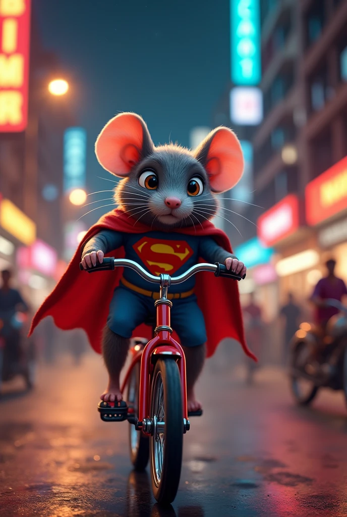 Rat driving a red bike in India at night with superhero suit