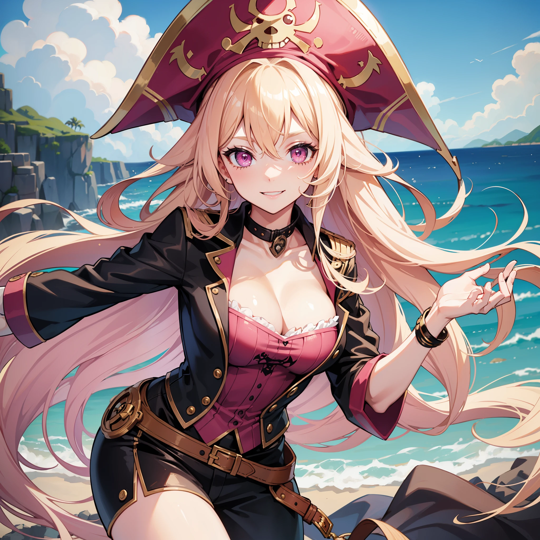 One adult woman, pink eyes, long blonde hair, smile, pirate clothes
