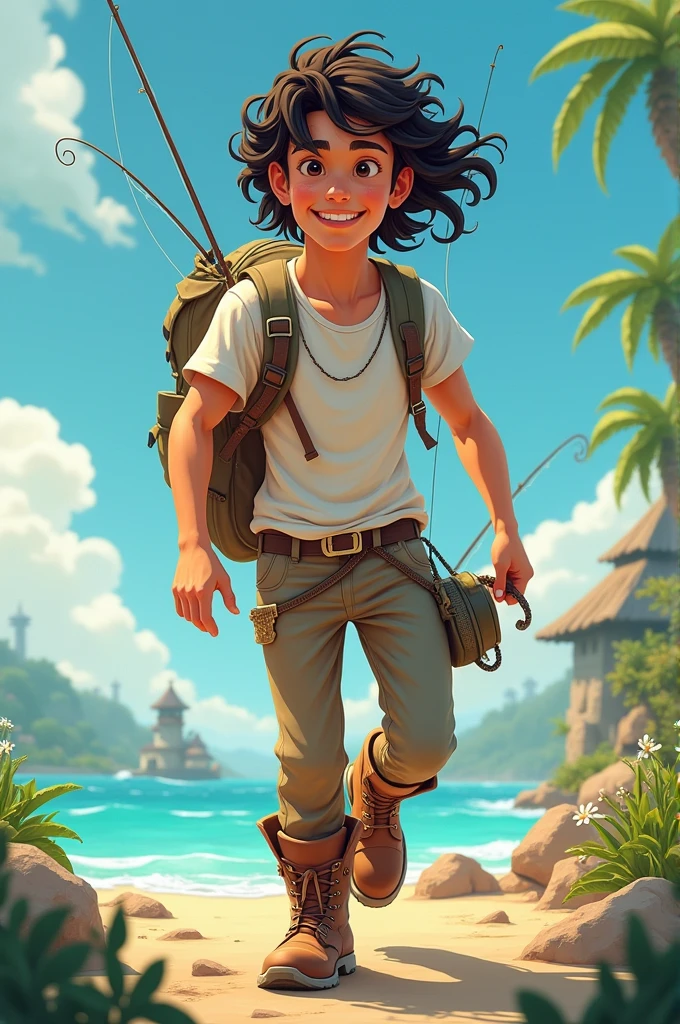 4d cartoon photography of a 20 year old Asian guy with long curly hair wearing a t-shirt, long pants, boots, carrying fishing equipment