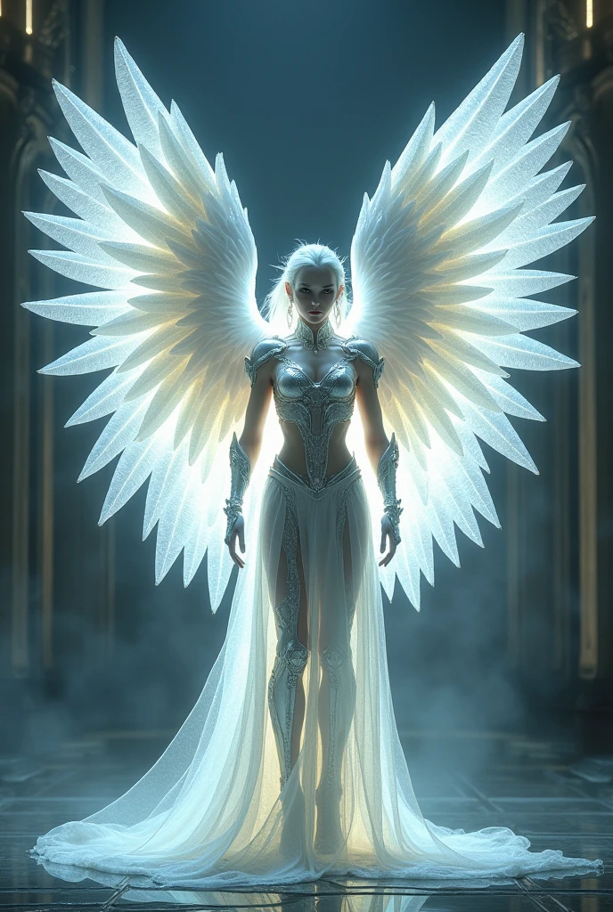 arafed angel with chains and wings in a dark room, concept art by WLOP, cgsociety contest winner, fantasy art, epic angel wings, big white glowing wings, tron angel, wings made of light, angel in plastic armor, super wide angel, archangel, futuristic robot angel, awarded on cgsociety, winged human, stunning cgsociety, winged archer, crystal hair, crystal earrings, makeup, Realism, cinematic lighting, UHD, 4K, super detail, anatomically correct, highres
