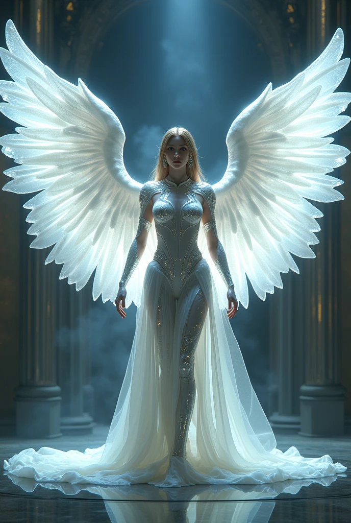 arafed angel with chains and wings in a dark room, concept art by WLOP, cgsociety contest winner, fantasy art, epic angel wings, big white glowing wings, tron angel, wings made of light, angel in plastic armor, super wide angel, archangel, futuristic robot angel, awarded on cgsociety, winged human, stunning cgsociety, winged archer, crystal hair, crystal earrings, makeup, Realism, cinematic lighting, UHD, 4K, super detail, anatomically correct, highres