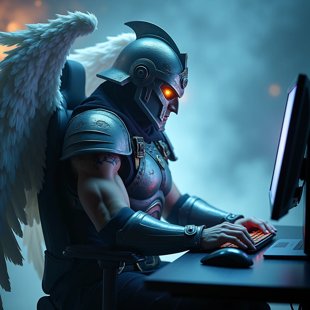 a warrior angel sitting on a gaming chair wearing a war helmet, playing on the computer seen from the side with glowing eyes