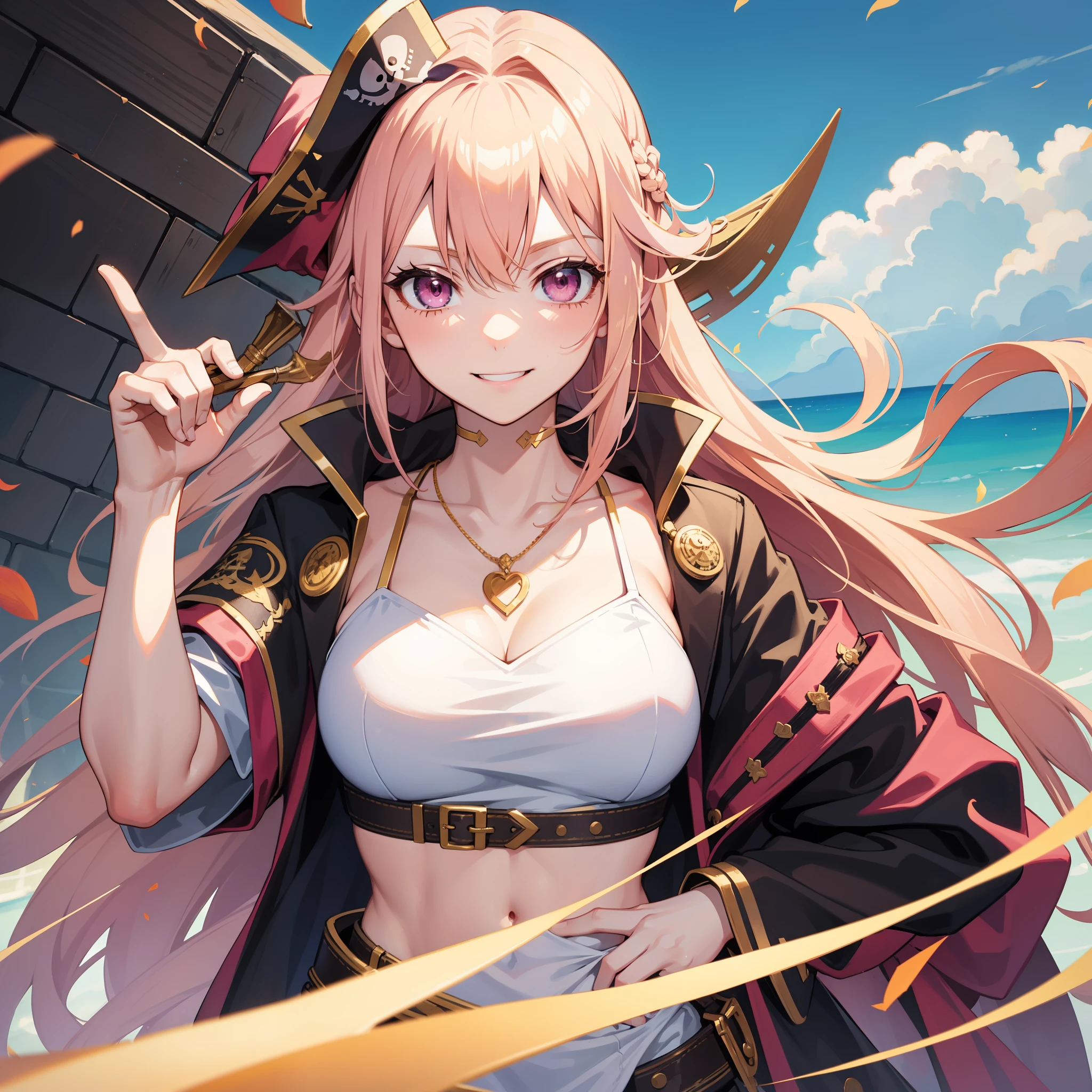 One adult woman, pink eyes, long blonde hair, smile, pirate clothes