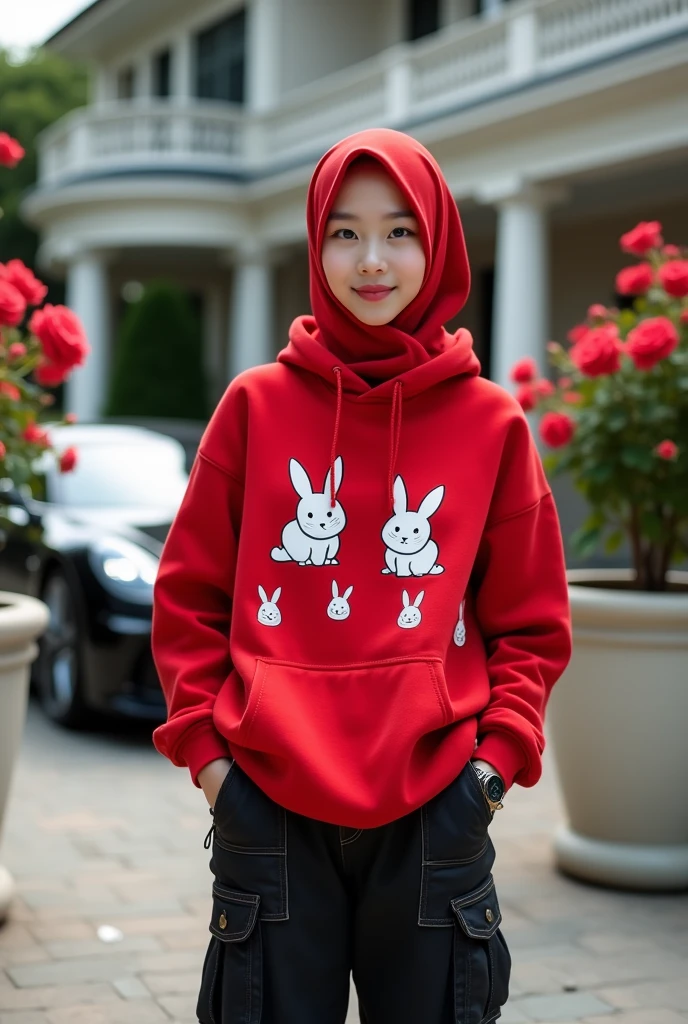 Beautiful Korean girl with smooth white skin. Well-groomed face, red hijab with a rabbit pattern, red hoodie decorated with rabbits, cargo pants with lots of black pockets, cool watch, standing with his back to the luxury car while smiling faintly, facing the camera, in the middle. The background is a large luxury house, there are roses blooming in pots, the photo is original and realistic