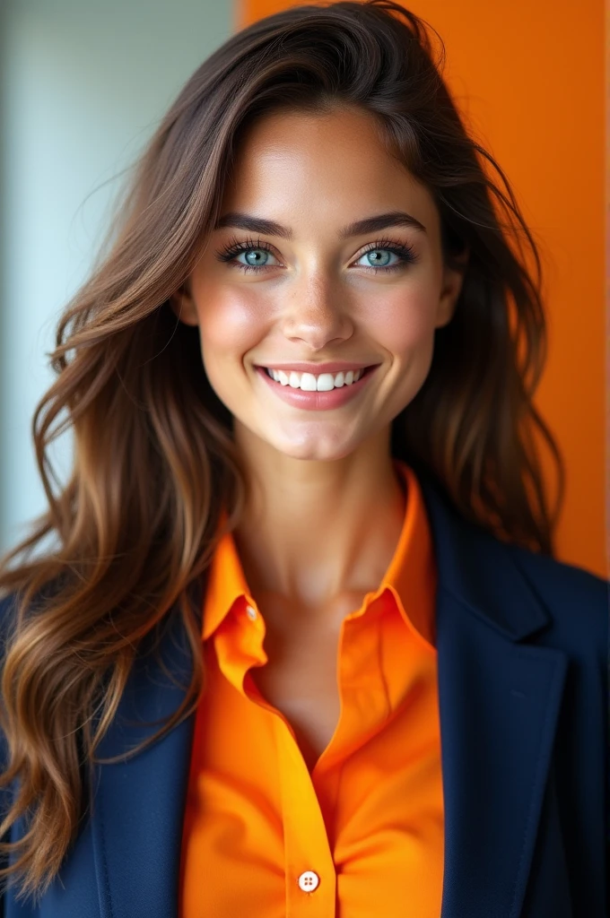 Create white woman profile picture, de cabelos castanhos, blue colored eyes, Grinning, wearing an orange shirt and a dark blue beizer.