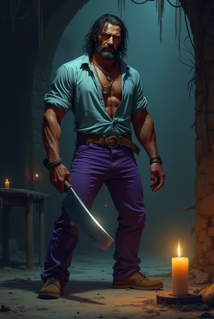 Character with a machete, purple pants and a light blue shirt illuminated by a candle