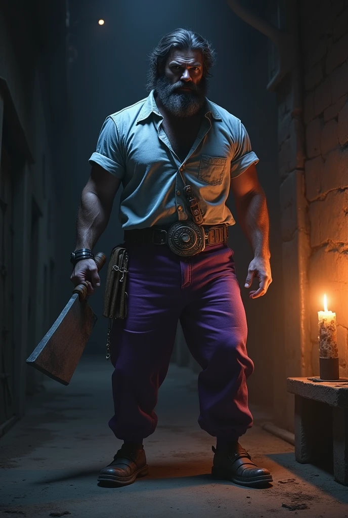 Character with a machete, purple pants and a light blue shirt illuminated by a candle