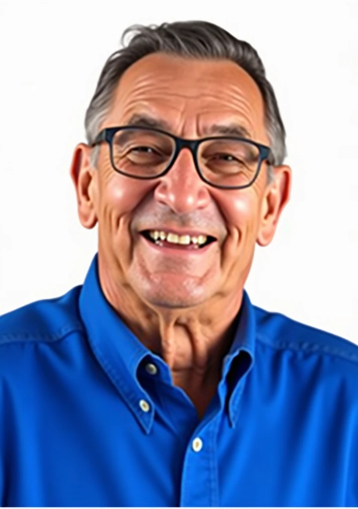 a close up of a man wearing a blue shirt, old man, 6, laughing
