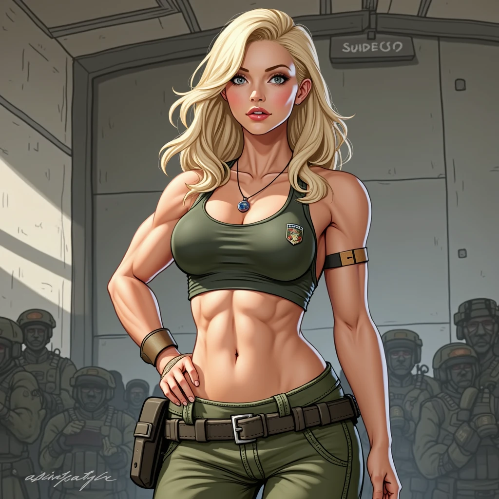 Military blonde girl with large breast and muscular body wearing dark green tank top and green camo trousers