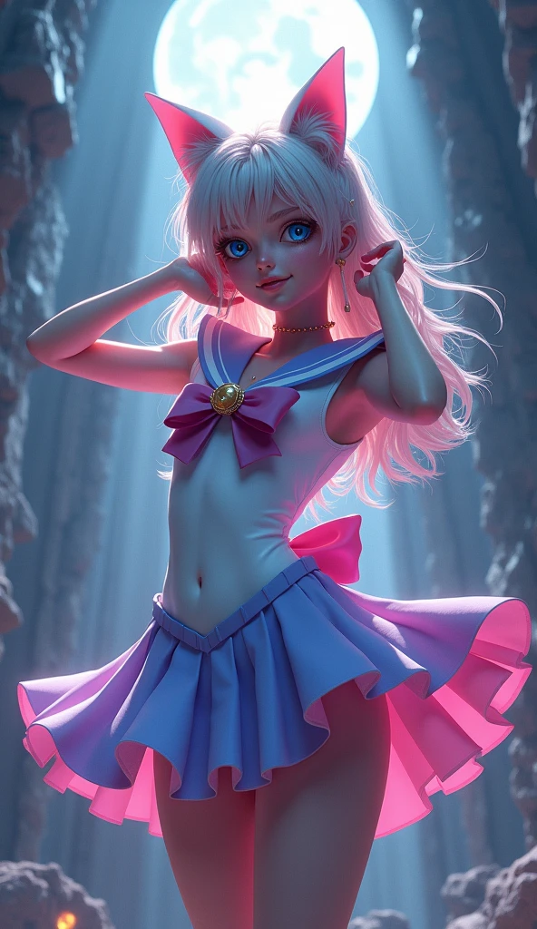(absurdities, high resolution, ultra detailed, HdR), masterpiece, Best Quality, pastel colours, Light colors, Toei Animation,  (senshi sailor luna:1.4) , Pretty Guardian Sailor Moon character hands on her back and holding her hair and on the side there is a brooch, detailed character with detailed face, large eyes, ,(Tokyo cyberpunk ruined dungeon ruins background :1.4 ), (sailor moon Luna :1.4), (sailor moon Luna V2.1), (dynamic pose), More detailed 8K.unreal engine:1.4,UHD,La Best Quality:1.4, photorealistic:1.4, skin texture:1.4, masterpiece:1.8,first work, Best Quality,object object], (detailed face features:1.3),(The correct proportions),(Beautiful blue eyes:1.4 ),  (cowboy pose),( face detailed:1.4), high quality, (RAW photo, best quality), (realistic, photorealistic: 1.4), (extremely delicate and beautiful: 1.4), amazing, fine details, masterpiece, ultra detailed, high resolution, best illustration, best shadow, intricate, ( extremely intricate: 1.2), (exquisitely detailed skin), cinematic light, perfect anatomy, (cool color: 1.4), sharp focus, 8k UHD, DSLR, (Fujifilm XT3),(skirt lifted by itself: 1.1), (skirt lift: 1.3), (showing white panties: 1.4 ), (sailor moon Luna :1.4) 