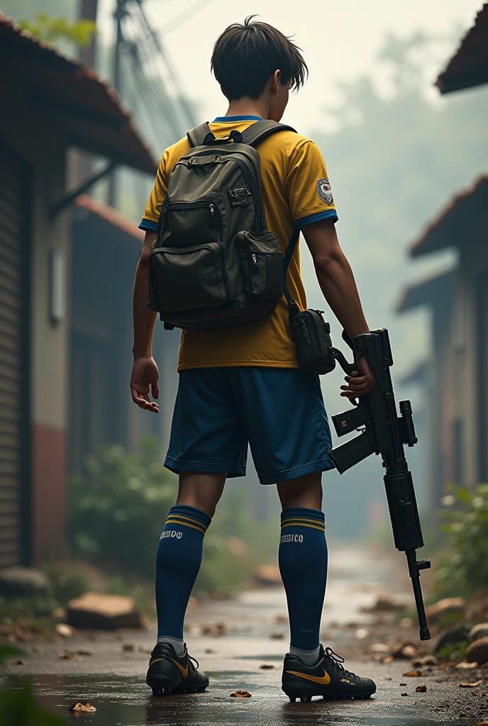 Create a soccer player with his back turned to me and the name FRABSISCO and age 15 years and background   pubg And in her hands is his weapon m416 glass