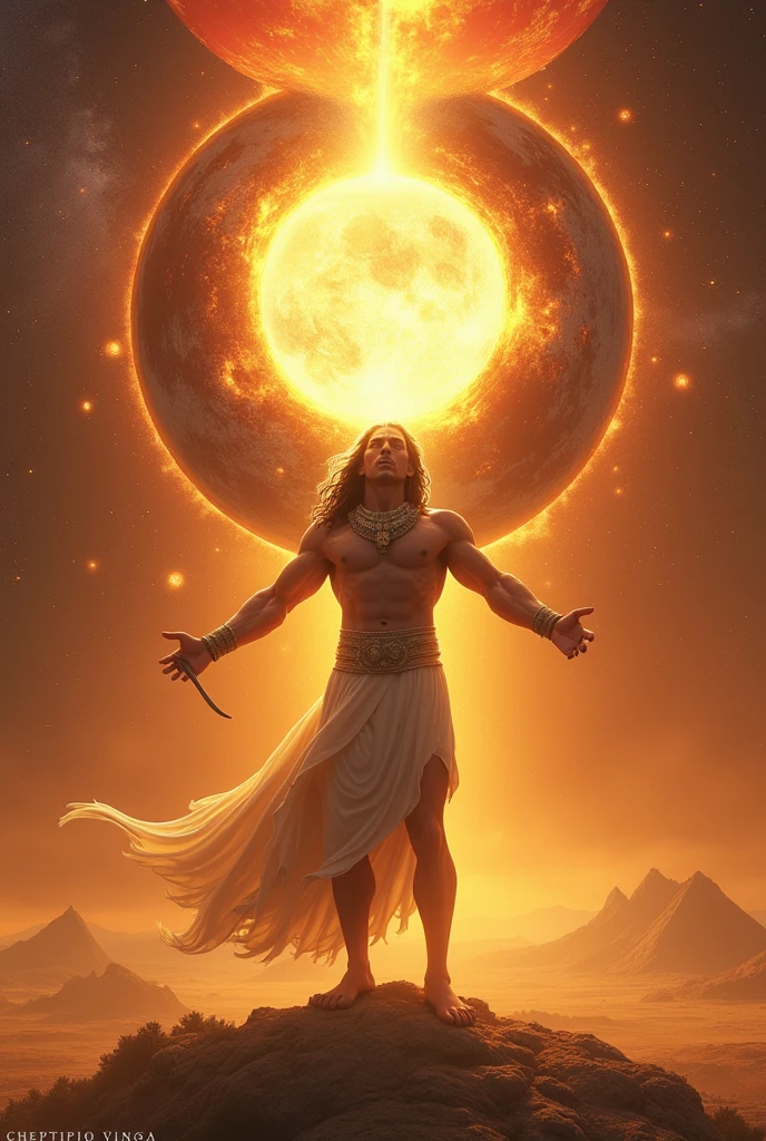 Create a photo-realistic image of Shu from Egyptian mythology in the act of separating the sky from the earth, showcasing his powerful role in the creation of the universe. Include realistic details, vibrant gradient colors, and a detailed background. Apply best quality, masterpiece, and absurdres settings.