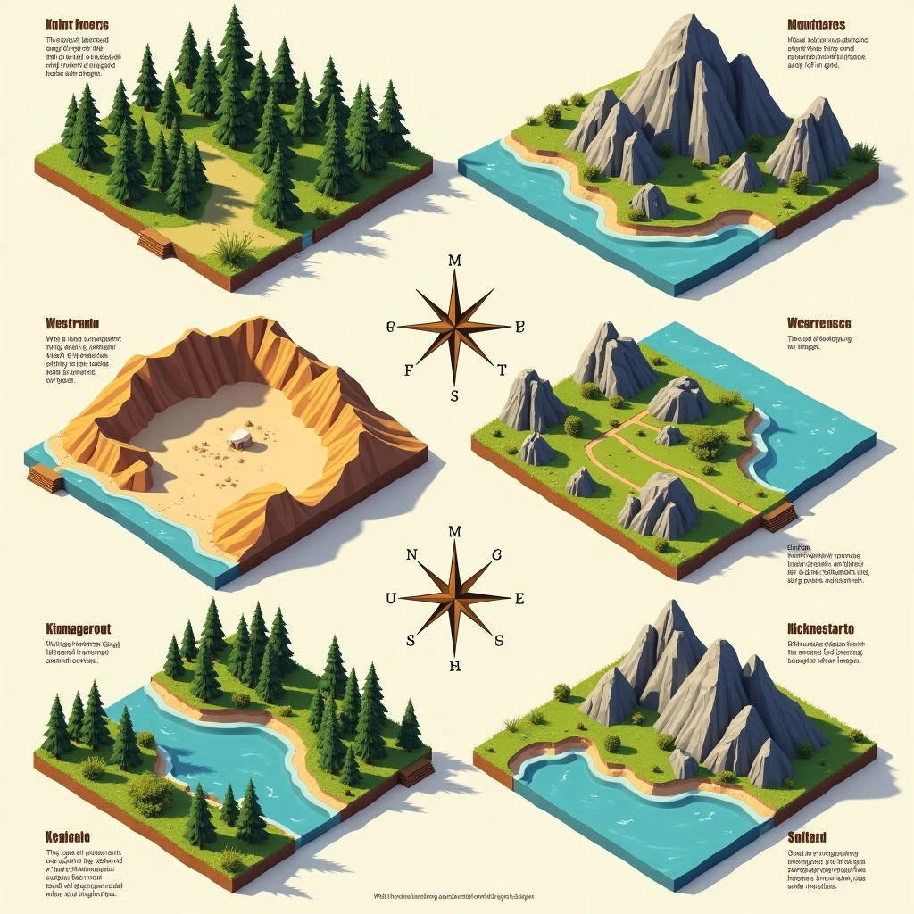Top-down word maps of different terrains, Non-isometric angles