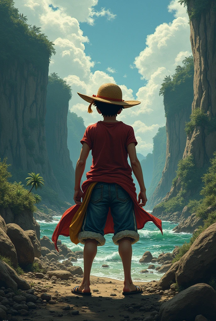 Create me a drawing of Luffy from One Piece&#39;s back and with a background where the environment is being damaged by pirates who steal, mistreat people, They pollute and cause disasters. that of a reflection of not continuing to pollute.