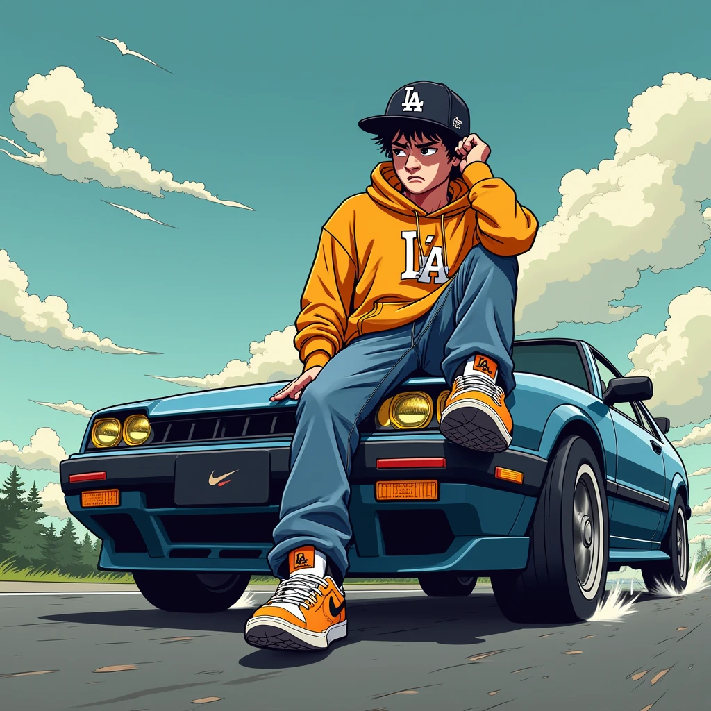 Image of a man sitting on the bonnet of a car, Yoshihiko Wada's album cover, winner of the behance contest, Doodle, official artwork, rap album cover, hip - hop album art cover, colored album art, hip hop music album cover, rap album cover art, official fanart, GTA Cover, hip hop album cover, album art cover, cartoon, The Disgruntled Boy, Running car, Deep pressed LA ball cap, Nike Shoes, LA Hoodie