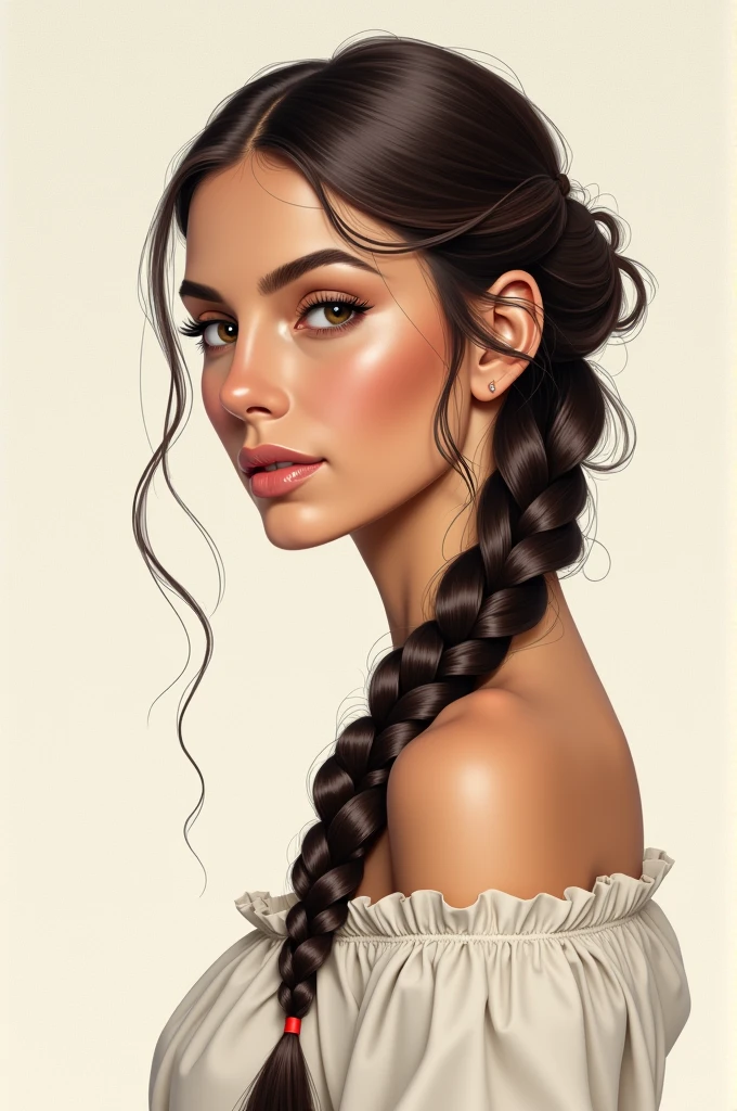 Front profile illustrations and 3/4, of a woman wearing a long braid