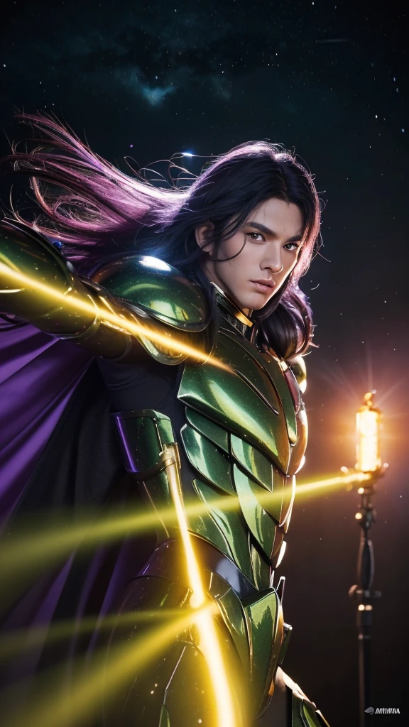 hyper realistic ultra detailed photograph , 8K, ultra-detailliert, masterpiece, top-quality, A high resolution, realistic skin textures, (male people:1.2), twinks, a handsome, Cool men, longa green hair,With keen eyes, Bad eyes, armature, (Photorealsitic:1.4), hight resolution, Raw foto, One man, shinny skin, (detailedskin:1.2), realistic skin textures, The best lighting, brilliance, mecha-armored, dramatic lighting, Saint Seiya's Fighting Pose, (Dark outer space background:1.3), , cosmos, Aries black Armor, black armour, (de pele branca), (long bluish-purple hair:1.1), He wears a long white cape that goes down to his feet., 2, Hair and cloak fluttering in the wind, a hyper realistic ultra detailed photograph of a handsome man photorealistic Mu at agreek ruins background, tattered Aries black half shiny black metal armor, long green hair, blue eyes, dynamic pose, detailed symmetric beautiful hazel eyes, detailed gorgeous face, 30-megapixel, 4k, Canon EOS 5D Mark IV DSLR, 85mm lens, sharp focus, intricately detailed, long exposure time, f/8, ISO 100, shutter speed 1/125, diffuse back lighting, award winning photograph, facing camera, looking into camera, monovisions, perfect contrast, High sharpness, facial symmetry, depth of field, ultra-detailed photography, raytraced, global illumination, TanvirTamim, smooth, ultra high definition, 8k, unreal engine 5, ultra sharp focus, award-winning photograph, trending on artstation, realistick 8k