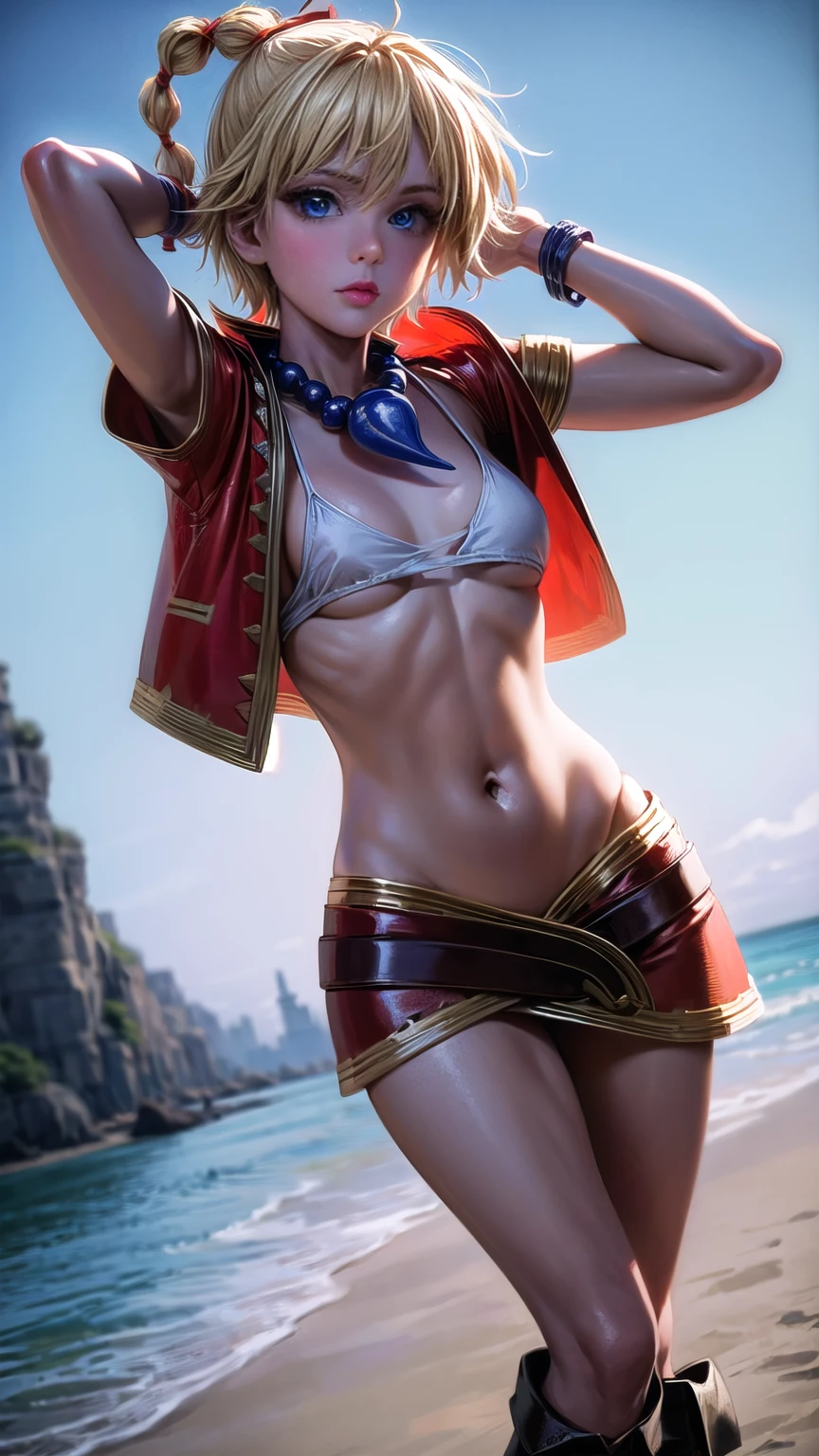 1 adult woman, character "kid" from chrono cross, 20 years old, yellow hair in a high braided ponytail, (small bust:1.4),standing on white sandy beach, arms behind head, fitted jacket 3/4 cropped, white top under jacket, tight fitting micro skirt, loose leather boots, ankle wraps, detailed face, detailed eyes, detailed lips, highly detailed, 8k, ultra-detailed 90s era anime style, cinematic lighting, vivid colors, dramatic shadows, volumetric fog, masterpiece, award winning art, wide angle, (full length portrait), strong_negative, micrsk3rt, bikini underboob, navel, no bra 