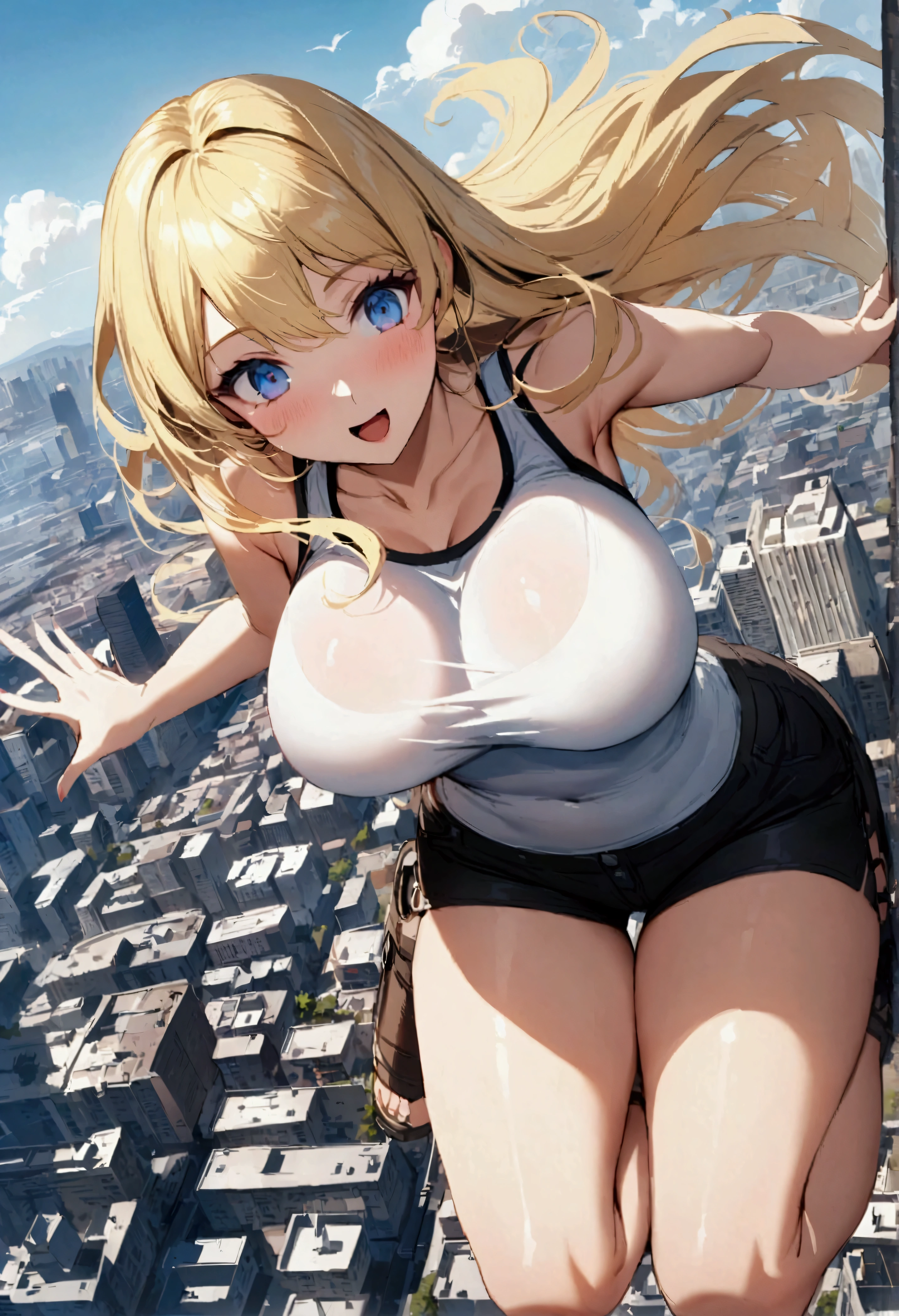Attractive weightless hot anime girl with large breasts and blonde hair wearing shorts and a tank top while flying over a city and flirting, levitating, gently floating