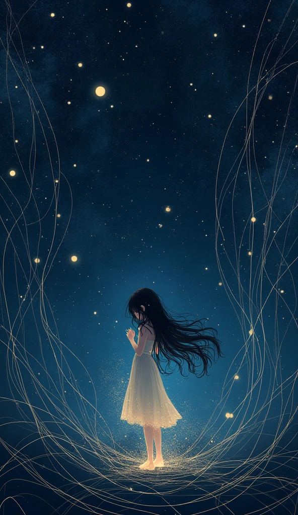 In the night starry sky universe background, Mysterious atmosphere surrounds the mysterious subject of the minimalist artwork of the beautiful girl, a single-lined masterpiece. A quiet figure stands among the complex lines,Shining with starlight, There was a subtle current of magic swirling around her like thin tendrils.. Exudes a mysterious and wonderful atmosphere, She seemed to breathe an otherworldly quality into the air., It's as if her charming temperament awakens the magic in the scene. 8K Ultra HD,masterpiece,Intricate details,Exquisite facial features,Extremely detailed eyes,Dynamic poses,Mizuki_Forest