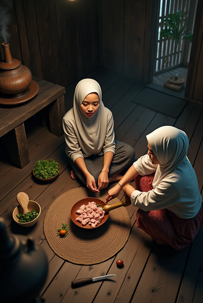 a malay hijab beauty girl wear a shabby shirt and a batik sarong, sitting down on a wooden floor in a wooden kitchen, cutting a vegetable and a meat with her friend, old kettle on stove, a meal in a wok clay stove, old urn, aerial top angle, at night