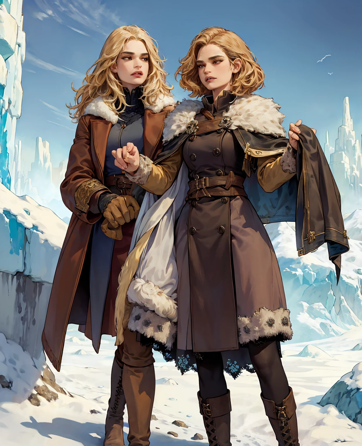 **Lily James as the Ice Wanderer:** Clad in worn, tattered layers of scavenged wool and leather, with frayed fur-lined coat, weathered boots, and fingerless gloves, she braves the frozen wasteland with determined eyes.