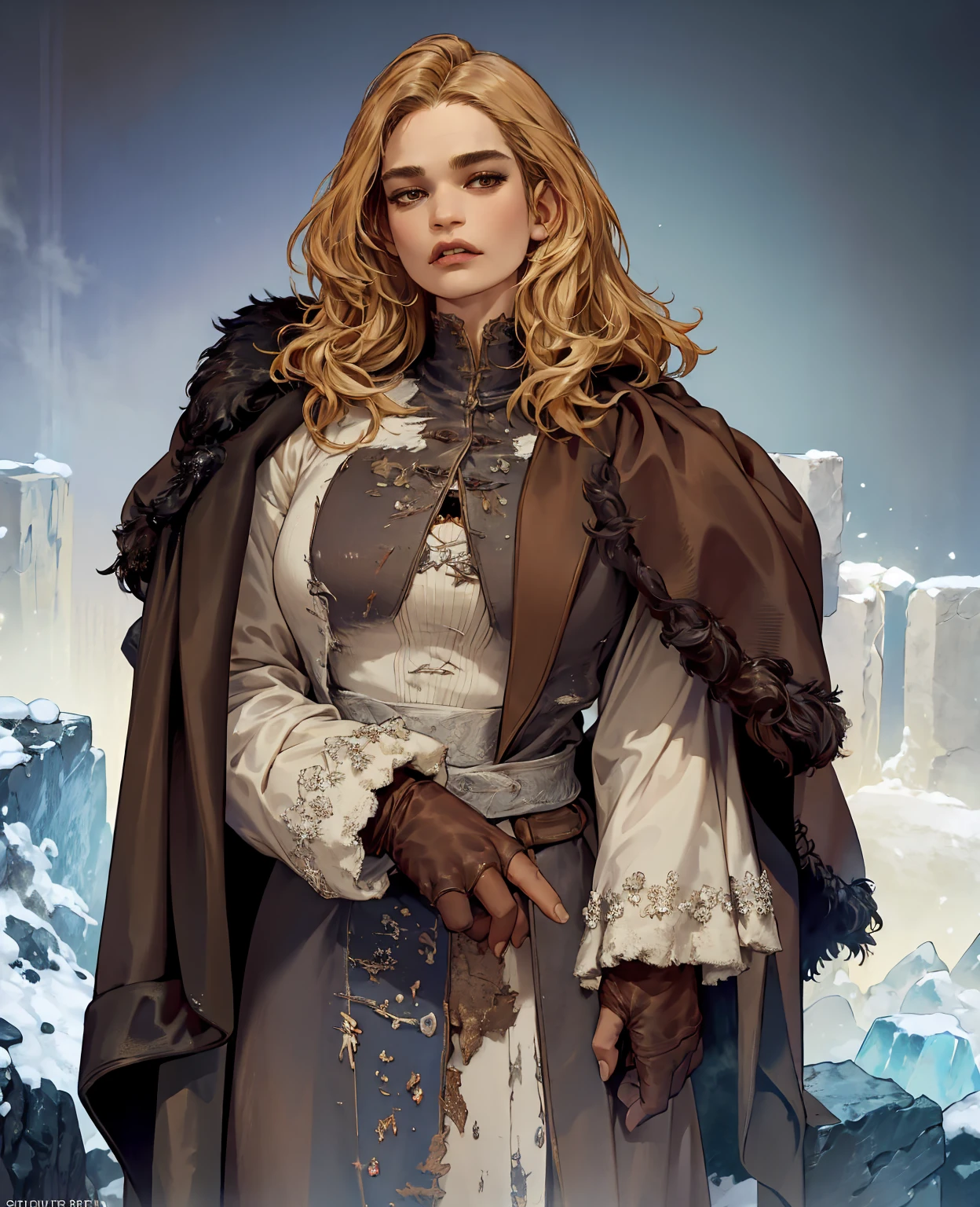 **Lily James as the Ice Wanderer:** Clad in worn, tattered layers of scavenged wool and leather, with frayed fur-lined coat, weathered boots, and fingerless gloves, she braves the frozen wasteland with determined eyes.