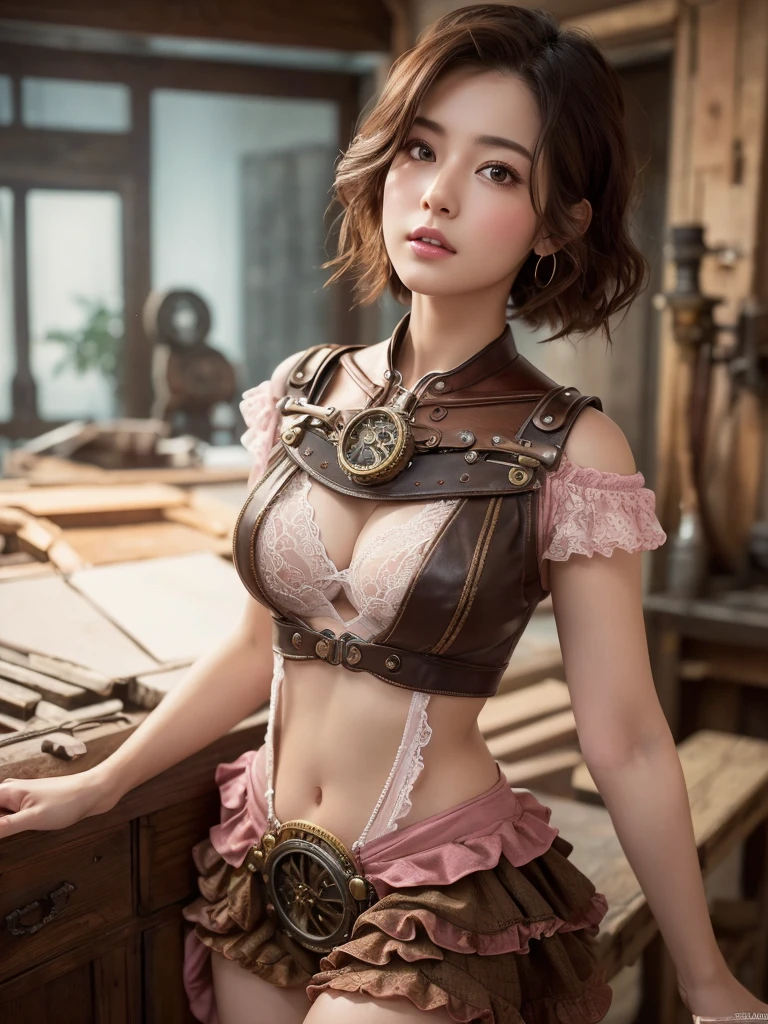 steampunk, Pink underwear, beautiful girl, 1, Japanese clothing, knife, ((Layered Haircut, Normal Chest: 1.2)), , Bandeau dress: 1.1,(masterpiece, Highest quality, Highest quality, Official Art, Beautiful and aesthetic:1.2), (1:1.3), Very detailed,(steampunk:1.2),colorful,Most detailed, Movie actress, (8k、Raw photo、Highest quality、masterpiece:1.2)、(Realistic、Photorealistic:1.37)、Full body shot Ultra Detail、超A high resolution、E-cup bust、beautiful 、1 person、See who&#39;s watching、Beautifully detailed face、Laughter、Full body 3/4、ponytail、beautiful belly button、beautiful bust、narrow、(Slim Waist) :1.3)、shirt、beautiful detailed skin、White panties、Skin Texture、Floating hair、Professional Lighting、Medium breast、Kind eyes