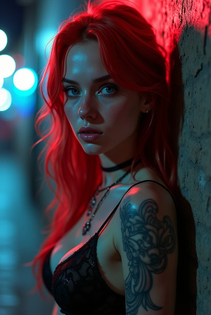 light red hair, vibrant blue eyes, pale white skin, portrait, rock clothing, band clothing, fine nose, thin chin, dark night scene, tattooed , RAW color art with high detail., (detailed skin, skin texture), (muscle), intricate details, fine details, hyperdetailed, ray tracing, subsurface dispersion, soft and diffuse lighting, red and blue spotlight, por Jeremy Mann, Greg Manchess, Antonio Moro, trend in artstation, trend on CGSociety, Intricate, High detail, sharp focus, Dramatic, photorealistic Midjourney painting, background bokeh, pub, Best Quality, masterpiece, only 1 girl, halfbody portrait, dark atmosphere at night, look at the viewer, black lace bra, black thong, tiny thong, apocalyptic city, Whole body, leaning on a wall, black stockings, military boots, ((Whole body))