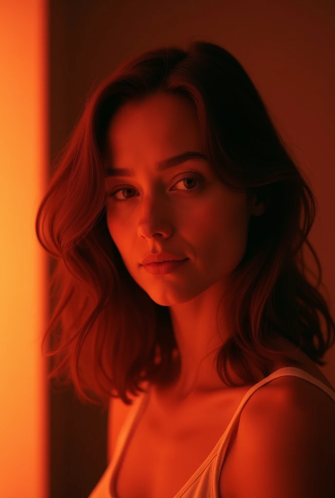 A close-up portrait of a woman with a serene expression, positioned slightly angled to the left with a three-quarter view. She has wavy, shoulder-length hair, warm reddish-orange lighting, and is wearing a light, sleeveless top. The background is softly lit with warm tones, creating a cohesive color scheme.