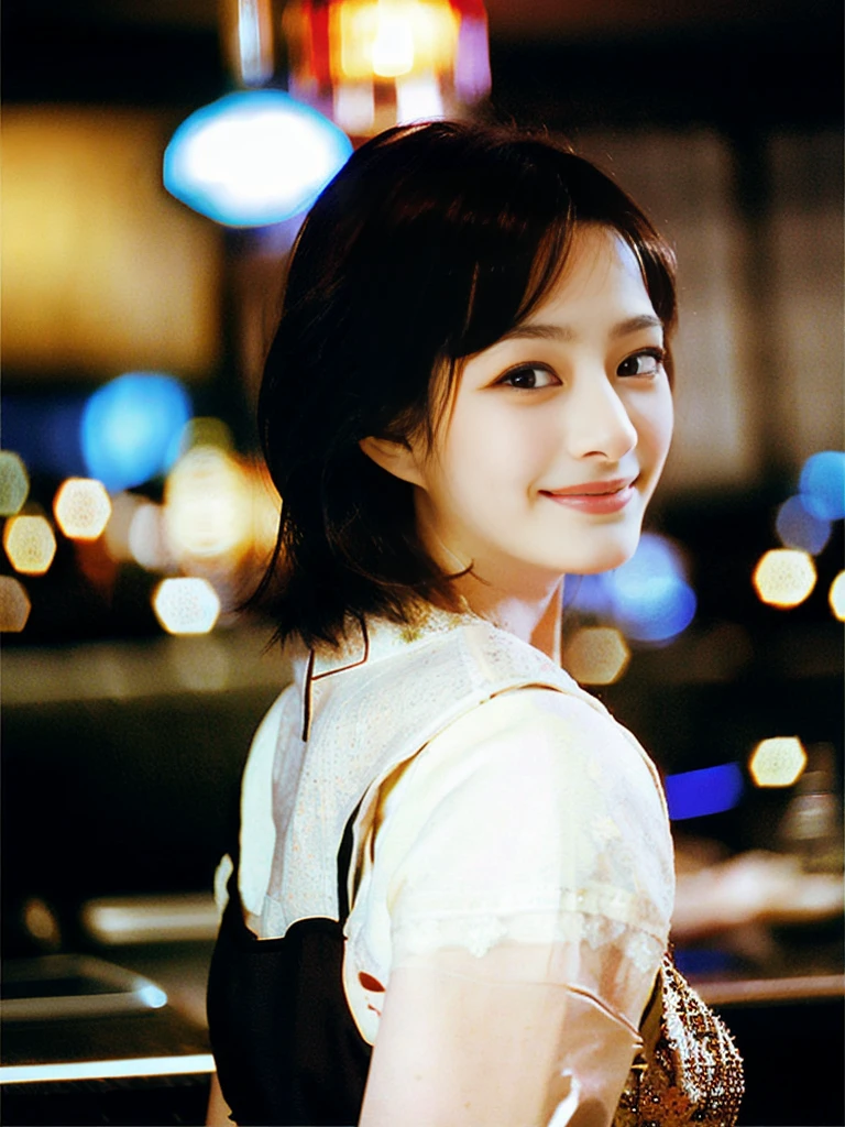 a Close-up portrait of gorgeous smiling cute Japanese woman in a glamorous lacy dress outfit, delicate facial features, porcelain-skinned, ponytail, a fusion of young Marion Cotillard's striking eyes and young Anne Hathaway's introspective gaze, long and slender cute face, curved eyebrows, droopy hooded eyes, lower nasal bridge, slim wavy nose, smiling, thin lips, short pixie cut hair, silhouette, bokeh, lobby bar lounge background, depth of field, photo, film,