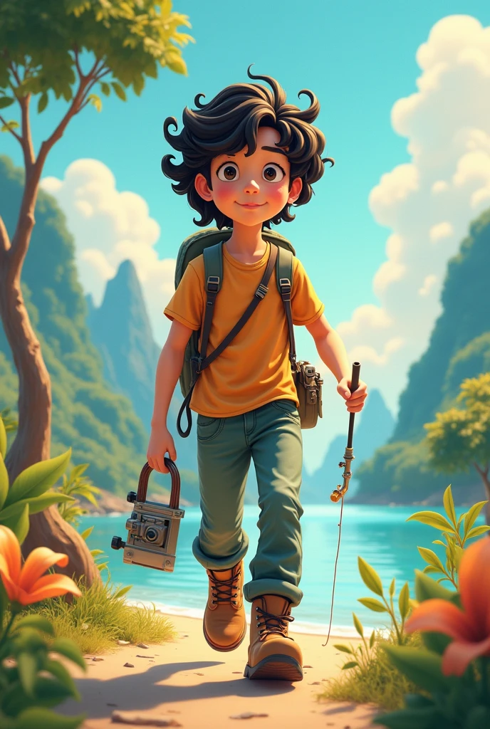 4d cartoon photography of a 20 year old Asian guy with long curly hair wearing a t-shirt, long pants, boots, carrying fishing equipment