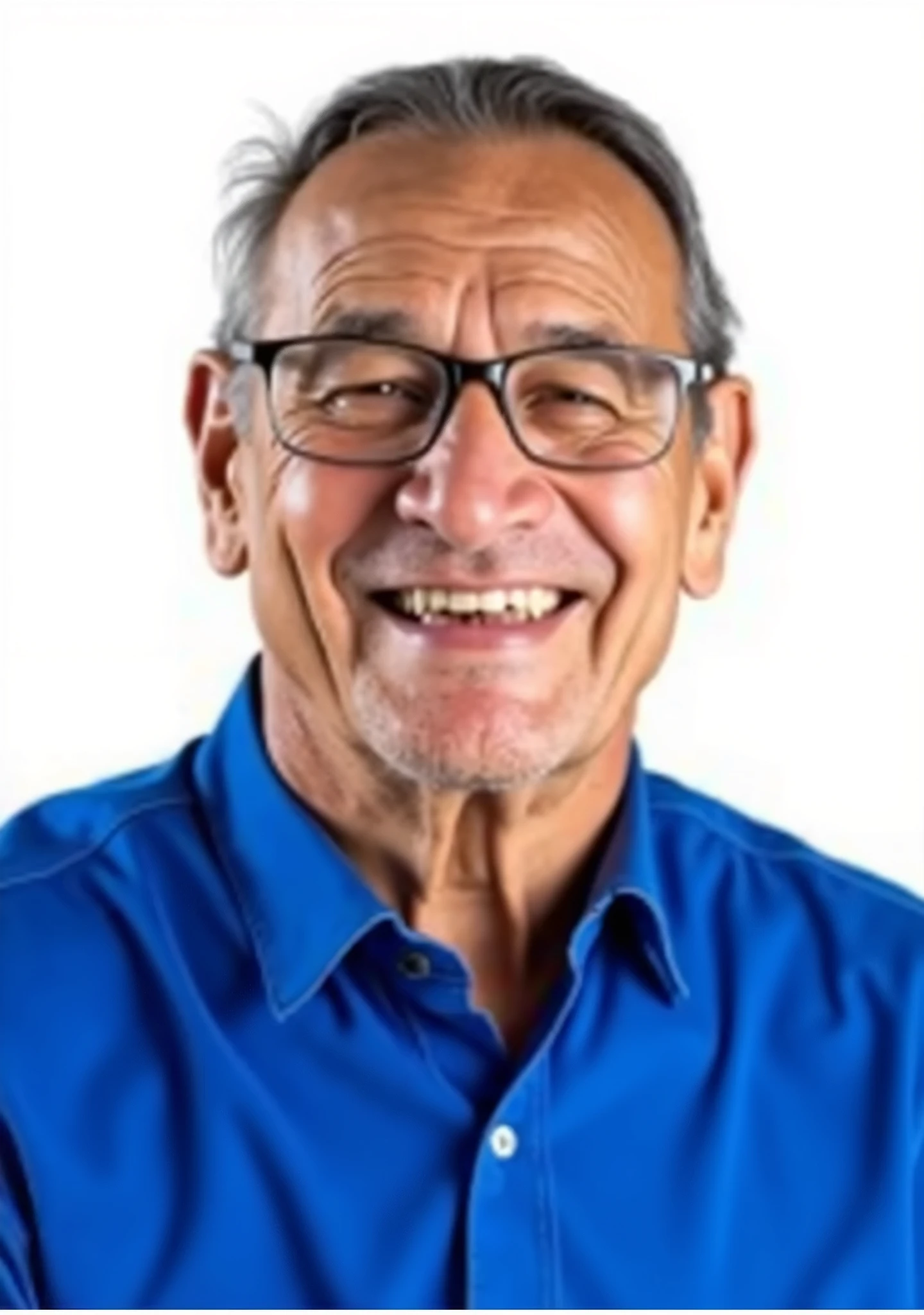 a close up of a man wearing a blue shirt, old man, 6, laughing