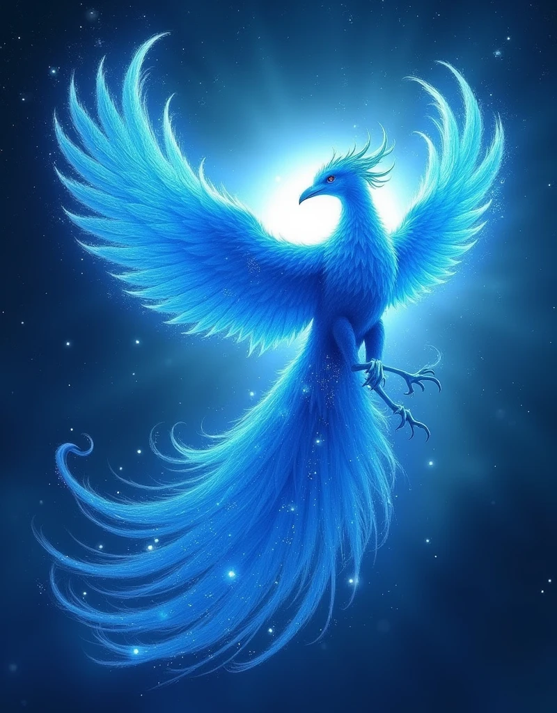 Highest quality, 8k, masterpiece、Sea of stars、scenery、(A blue phoenix born from the blue sun and takes flight)、Wearing a Blue Flame、Blue Prominence、Sunspots、Falling blue feathers、Blue Particles、From the side、