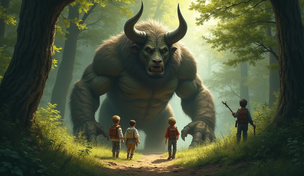 3 boys counter a beast in the forest.